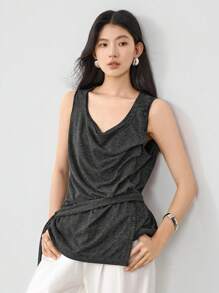 Dazy-Less Linen Design Sense Button Waist Tie Sleeveless Vest Women T-Shirt Old Money Style Business Casual Women - Dark Grey - View 3