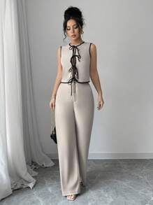 Siren Gaze Spring And Summer Women's Lace-Up Cardigan Suit, Color Block Bow, Women's Top, Solid Color Casual Loose Trousers, Women's Two-Piece Set, Daily Casual, Workplace Commuting Wear Ladies' Solid Color Top And Long Set, Perfect For Vacation/Leisure Time