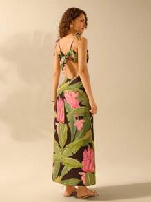 CAJUNI Women's Boho Banana Tree Print Sleeveless Tied Waist Dress, Casual Vacation Beach Summer Dress