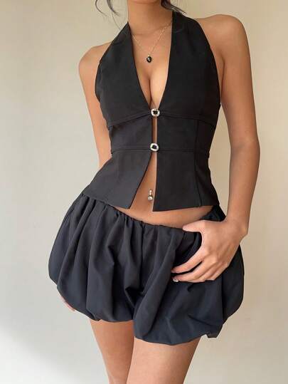 Aloruh 通勤优雅黑背心+碎花短裤裙套装