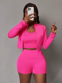 Slaydiva 3pcs Summer Women Sports Set: Zipper Half Stand Collar Tight Long Sleeve T-Shirt Jacket, Sleeveless Cropped Tank Top, Sports Shorts - Style B