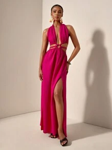 Zivah 新款春夏休闲度假挂脖露肩露背腰环装饰腰部辫子装饰两侧高开衩至大腿玫红色条纹纹理梭织面料女式长裙-B