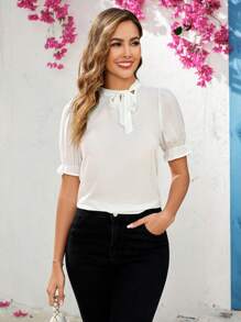SHEIN Clasi Casual Solid Color Puff Sleeve Tie Neck Blouse - White - View 3