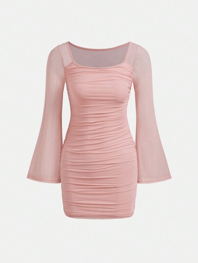 SHEIN Girlism Tween Girls Elegant Formal Knitted Solid Color Square Neckline Mesh Bell Sleeve Ruched Long Sleeve Dress