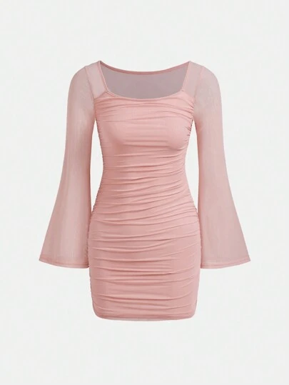 SHEIN Girlism Tween Girls Elegant Formal Knitted Solid Color Square Neckline Mesh Bell Sleeve Ruched Long Sleeve Dress