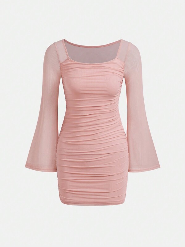 SHEIN Girlism Tween Girls Elegant Formal Knitted Solid Color Square Neckline Mesh Bell Sleeve Ruched Long Sleeve Dress