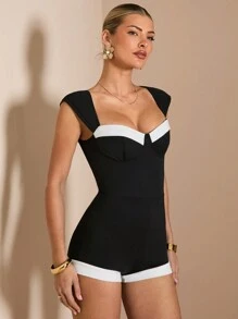 SHEIN BAE Women's Elegant Vacation Party Outfit, Black & White Contrast Color Block Turtleneck & Jumpsuit Jumpsuit, Suitable For Romantic Dates, Gatherings With Friends, Vacation Activities, Cocktail Parties - Black and White - View 6