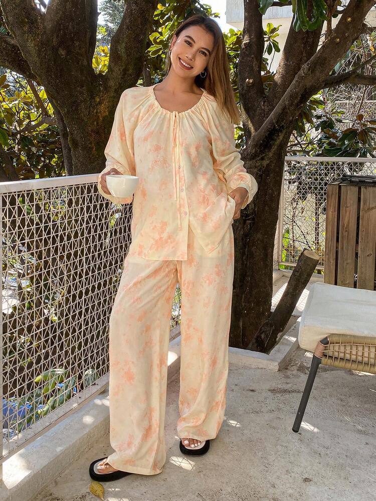 Floral Print Ruched Loose Lantern Sleeve Women Pajama Set, Cozy Sleepwear