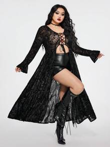 SHEIN ICON Plus Size Ruffle V-Neck Long Knit Sweater Top, Thermal Lined Long Top - Black - View 7