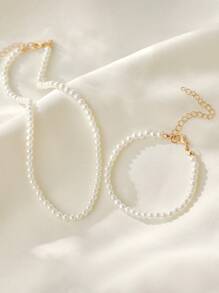 Faux Pearl Decor Beaded Necklace & Bracelet Winter Gifts - White - View 2