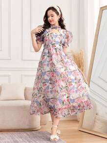 SHEIN Elegant, Party, Glamorous, Traveling Teen Girl Floral Pattern Crochet Yoke Puff Sleeve Organza Overlay Dress