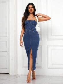 SHEIN PETITE Women's Denim Bodycon Dress With Strapless And Side Slit At Hem - Dark Wash - View 4