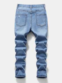 Tween Kids Neutral Light Wash Casual Daily Simple All Year Must Have Fashion Item, High Stretch Basic 5 Pockets Ripped Slim Fit Jeans With Adjustable Waist, - Light Wash - View 2