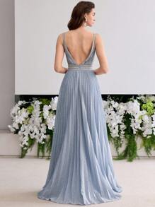 MOTF Soiréza 优雅细肩带水钻细节褶饰正式宴会礼服晚礼服 - 藍色 - 查看 4