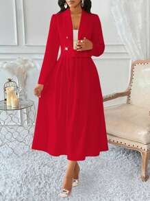 Lyxana Women's Double-Breasted Top And Pleated Skirt Suit - Red - View 4