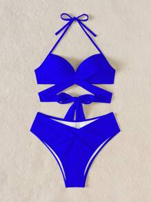 SHEIN Swim Women Summer Beach Solid Color Halter Tie Front Sexy Bikini Set, Wireless