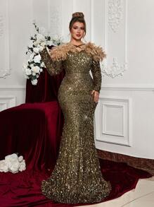Glamrae Plus Size Glamorous Sheer Sequin & Natural Feather Long Sleeve Formal Gown, Wedding Guest Dress, Party Dress, Evening Dress - Gold - View 5