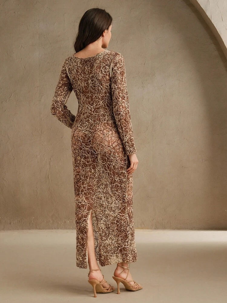Elegant V-Neck Asymmetrical Mesh Bottom Crochet Form-Fitting Long Maxi Dress & Swimsuit Cover Up For Women, Festival, Going Out, Vacation, Spring For Summer