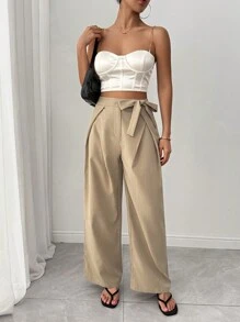 SHEIN Unity Women's Solid Color Casual Elegant Style Crepe Fabric Pleat Bowknot Straight Leg Pants - Brown - View 1