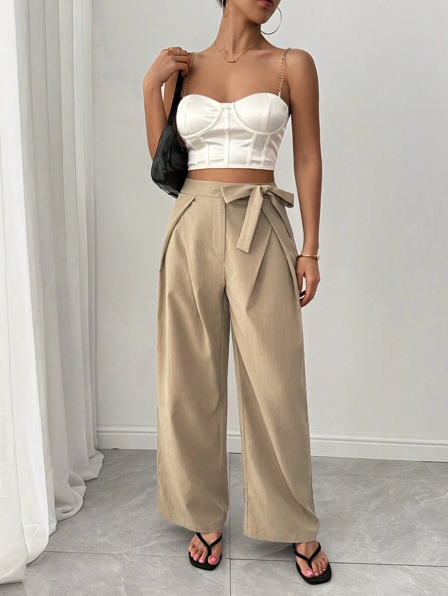 SHEIN Unity Women's Solid Color Casual Elegant Style Crepe Fabric Pleat Bowknot Straight Leg Pants - Brown - View 1