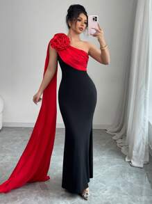 Rafferiza 女士黑色优雅淑女拼布缎面分层红色花朵长裙 - 黑色 - 查看 3
