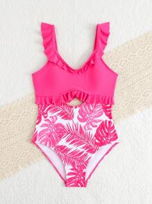 1 bucată costum de baie monokini pentru fete, guler cu volan, decupat în talie, imprimeu cu frunze tropicale - Multicolor - Vizualizare 3