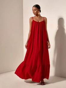 Zivah Vacation Red  Loose Fit Spaghetti Strap Smocked Ruffle Hem Backless Cami  Long Dress