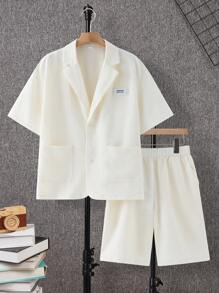 SHEIN Leap Crew Teen Boys Gentleman Suit, Casual, Collegiate, Comfortable, Fashionable, Versatile, Suitable For Daily Wear, School, Outdoor Activities, Sports, Valentine's Day Party, Beach Holiday - Beige - View 5