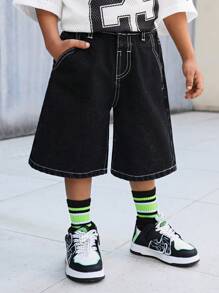 SHEIN 男童夏季街头酷炫白色涂鸦印花宽松黑色百慕大牛仔短裤，春夏街头服饰，春假 - 黑色 - 查看 6