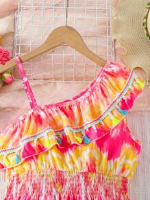 فستان عطلة البنات، فساتين رقمية حريرية مطبوعة بتصميم صباغة ربطة متغير خصر عالي مكشكش الحافة ومزين بشراريب ملونة، طراز جميل وحلو، مناسب للاستخدام اليومي وعطلات الصيف