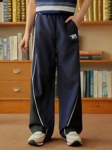 SHEIN Explorewe 1 条男童美式休闲时尚拼布设计运动裤，夏季新品 - 藏蓝色 - 查看 2