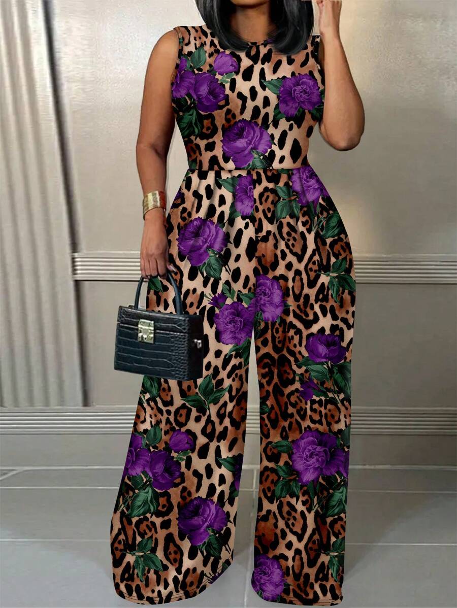Slaydiva 大码花卉豹纹图案休闲连体裤，夏季