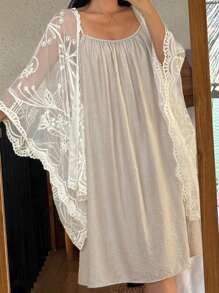 DAZY 2pcs Women Loose Lace Pajama Set, Fall Winter Clothes - Apricot - View 9