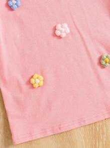 SHEIN 3pcs/Set Young Girl Knit Solid Color Round Neck 3D Flower Fitted T-Shirt - Multicolor - View 3