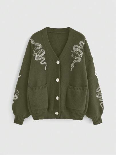 Goth Cardigan casual con cuello en V con bordado de serpiente y luna en talla grande, talla grande