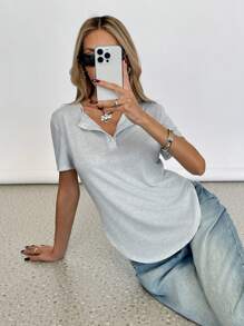 SHEIN Essnce Women's Solid Color Button Front Short Sleeve Casual T-Shirt - Grey - View 5