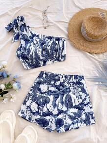 Soleia 2 件套女士植物印花无袖背心和短裤 - 藍白色 - 查看 1