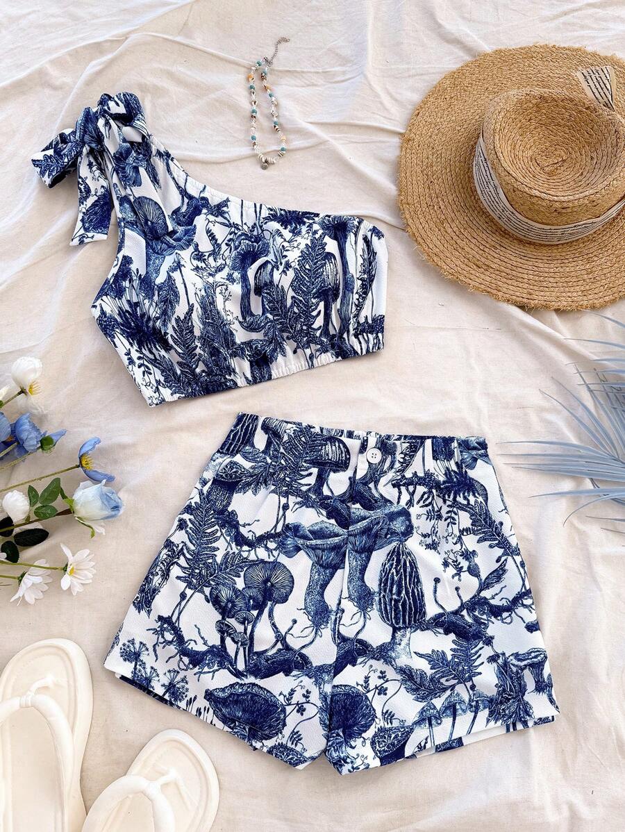 Soleia 2 件套女士植物印花无袖背心和短裤 - 藍白色 - 查看 1
