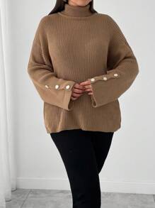 SHEIN Cottnline Plus Size Plain High Neck Long Sleeve Button-Up Casual Pullover Sweater - Camel - View 3