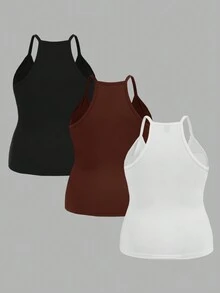 SHEIN Slayr 3pcs/Set Casual Versatile Solid Color Slim Fit Plus Size Camisole Set, Summer Camisole For Women 3 Pack Tops Woman Tank Top For Women Crop Top For Women Body Tops For Ladies - Multicolor - View 3