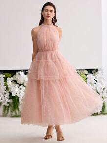MOTF PREMIUM WOMEN'S EMBELLISHED MESH FLOWY GATHERED LONG DRESS, WEDDING DRESS - Baby Pink - View 8
