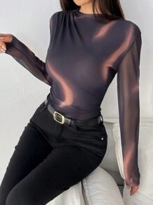 Women's Elegant Wavy Mesh Printed T-Shirt Top Fall Cloth For Women - Black - View 5