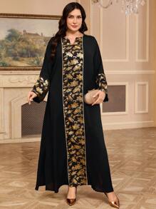 Al Najma Vestido de talla grande elegante con estampado de lámina de oro y parches
