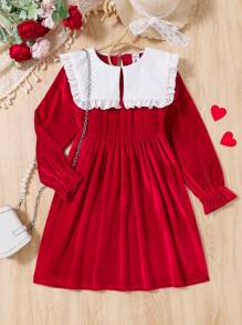 Girls' Fashion Elegant Red Peter Pan Collar Velvet Long Sleeve Princess Dress - Multicolor - View 1