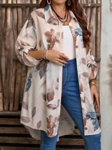 EMERY ROSE Plus Size Floral Print Roll Up Sleeve Casual Vacation Shirt Spring Outfits For Women West Country
