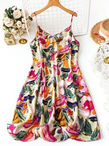 SHEIN LUNE Vestido casual de tirantes con estampado de pinceladas para mujer de talla grande, conjunto de vestidos de verano para vacaciones, ropa de playa de mujer, vestido de camiseta con estampado abstracto brillante para festivales