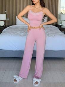 DAZY 纯色女士蕾丝拼接修身吊带背心和长裤家居服套装睡衣 - 粉色 - 查看 8