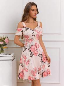SHEIN VCAY Vestido camisero femenino de línea A con cuello en V, tirantes gruesos y calados, romántico y veraniega para vacaciones