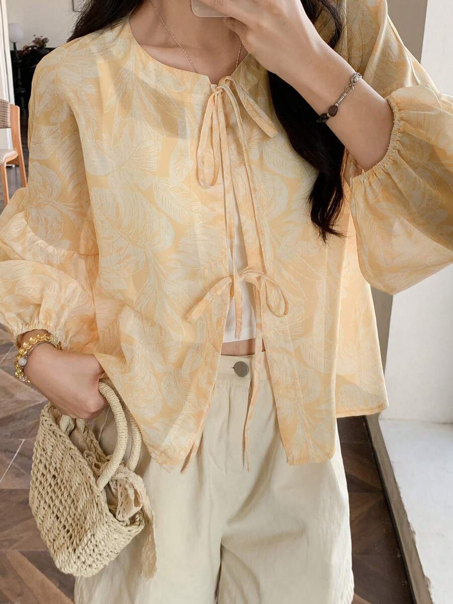 FRIFUL 女式黄色碎花休闲和服波西米亚风外套上衣，春夏 - 黃色 - 查看 1