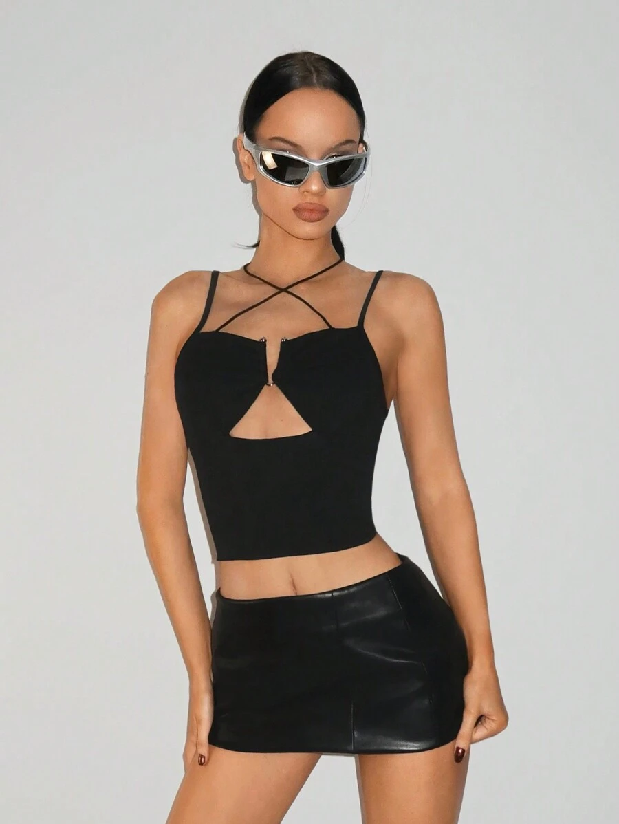 SHEIN ICON Women's Hollow Neck Metallic Detail Black Top - Black - View 1